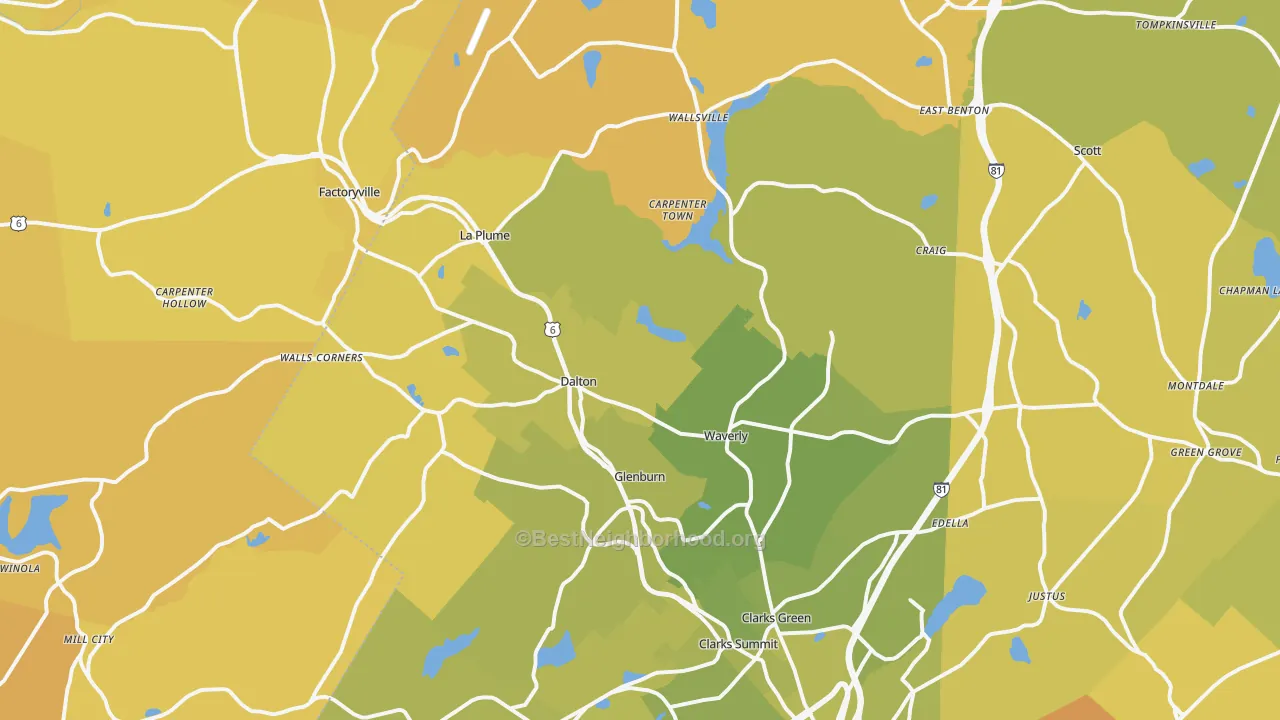 Map of the best neighborhoods in the Dalton area, with better matches in green and worse matches in red