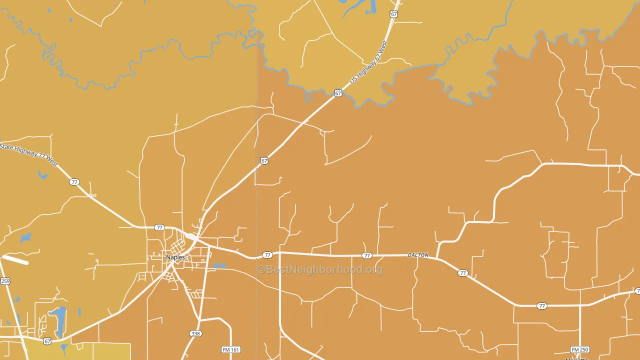 Map of the best neighborhoods in the Dalton area, with better matches in green and worse matches in red