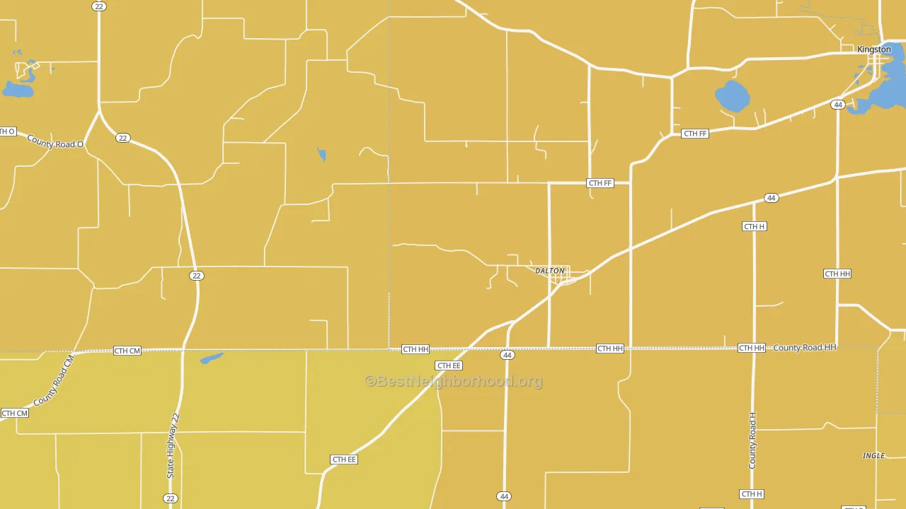 Map of the best neighborhoods in the Dalton area, with better matches in green and worse matches in red