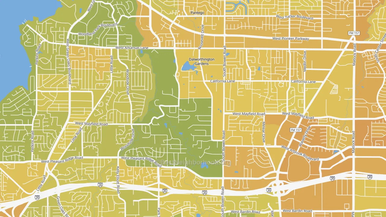 Map of the best neighborhoods in the Dalworthington Gardens area, with better matches in green and worse matches in red