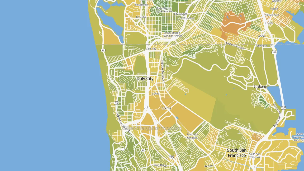 Map of the best neighborhoods in the Daly City area, with better matches in green and worse matches in red