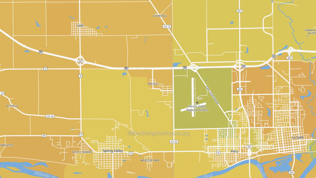 Map of the best neighborhoods in the Dalzell area, with better matches in green and worse matches in red