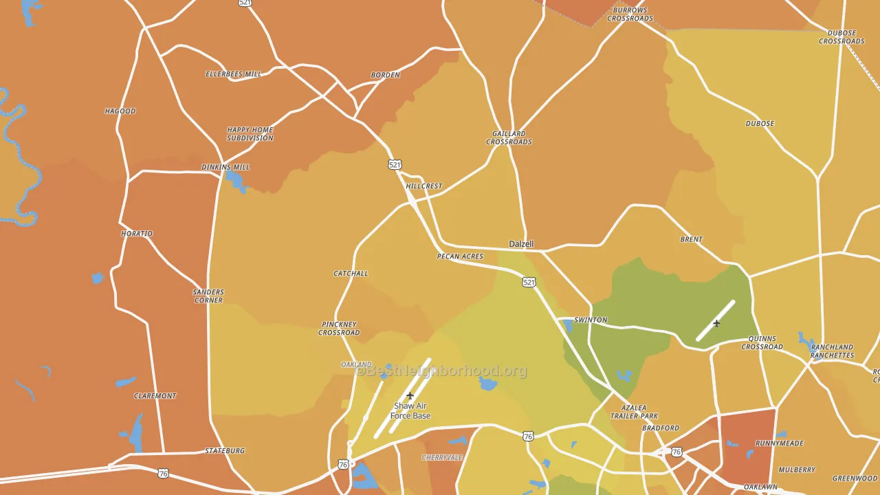 Map of the best neighborhoods in the Dalzell area, with better matches in green and worse matches in red