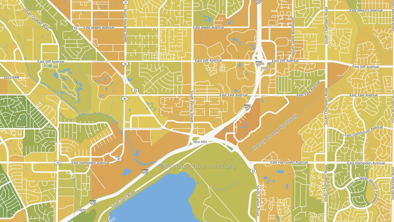 Map of the best neighborhoods in the Dam East-West, Aurora area, with better matches in green and worse matches in red