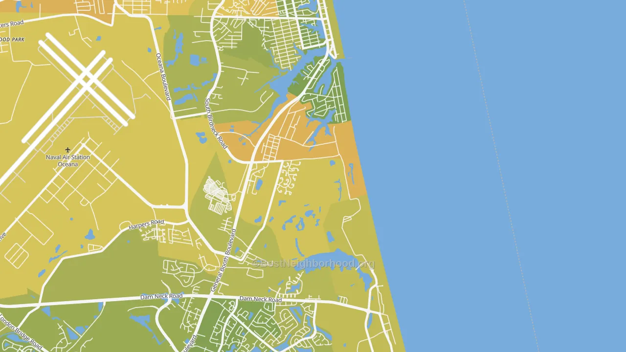 Map of the best neighborhoods in the Dam Neck Naval Air Station, Virginia Beach area, with better matches in green and worse matches in red