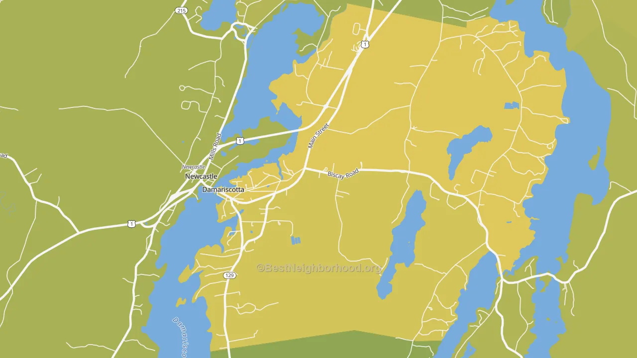 Map of the best neighborhoods in the Damariscotta area, with better matches in green and worse matches in red