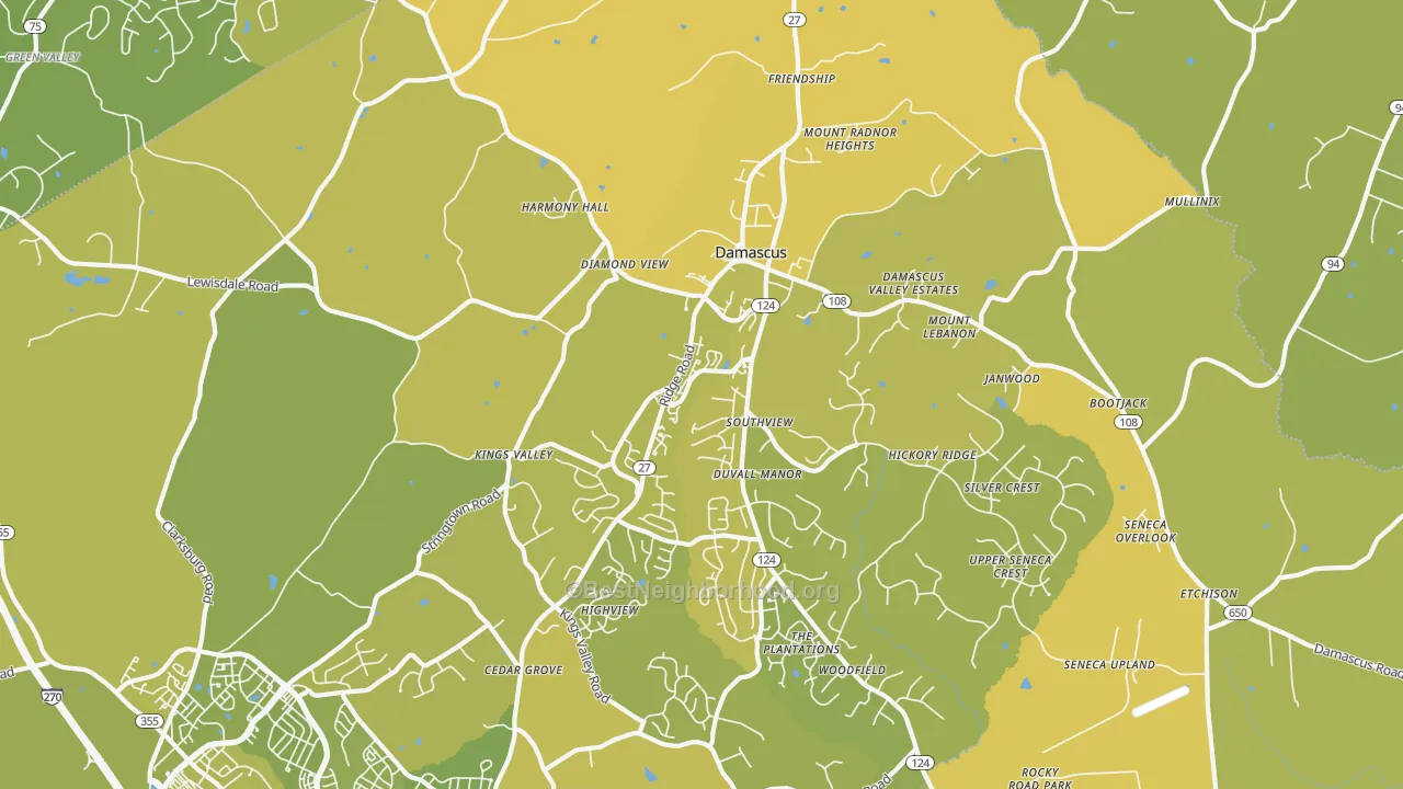 Map of the best neighborhoods in the Damascus area, with better matches in green and worse matches in red