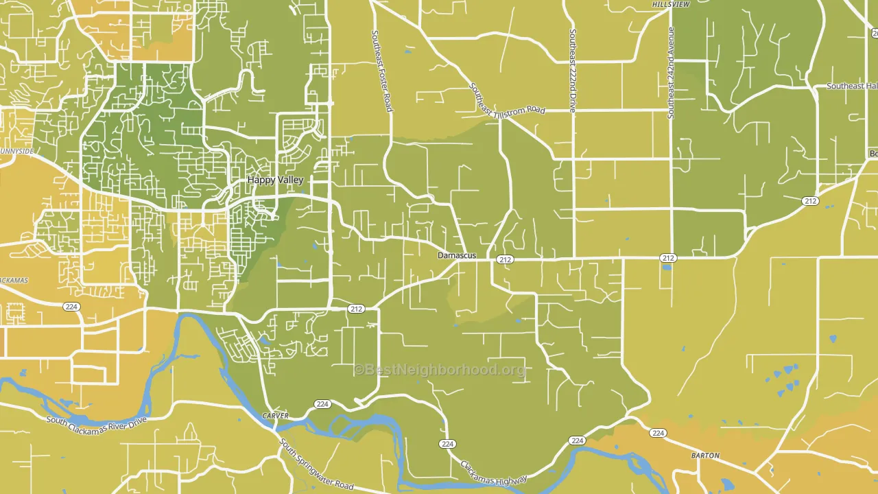 Map of the best neighborhoods in the Damascus area, with better matches in green and worse matches in red
