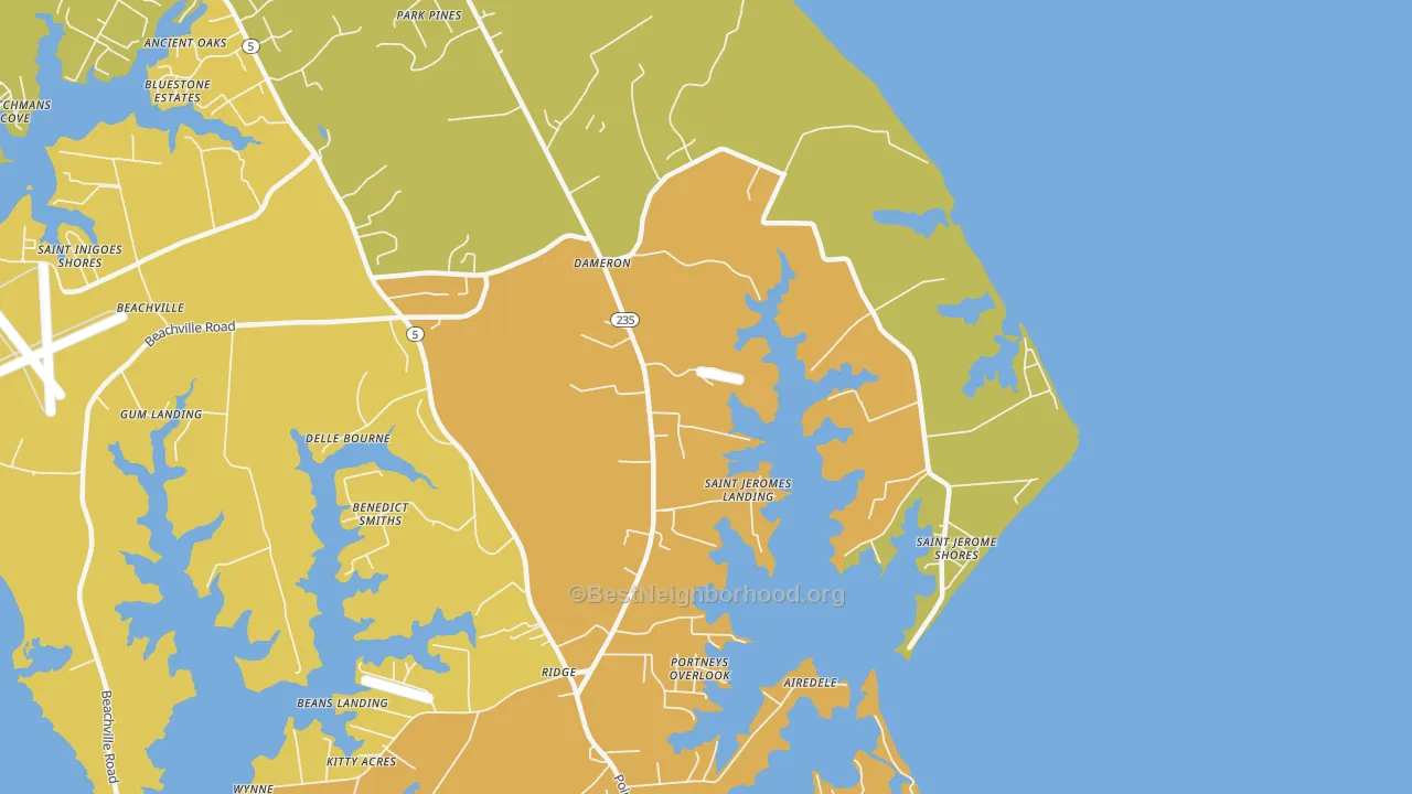Map of the best neighborhoods in the Dameron area, with better matches in green and worse matches in red