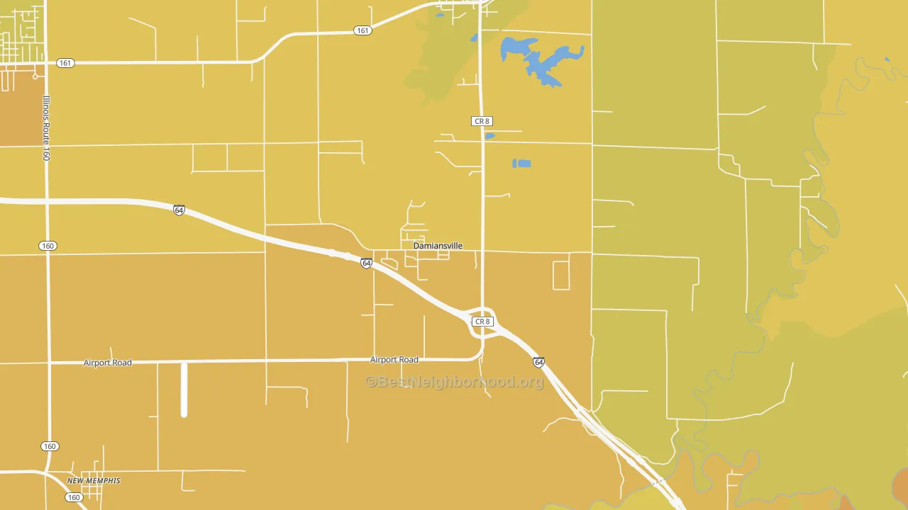 Map of the best neighborhoods in the Damiansville area, with better matches in green and worse matches in red