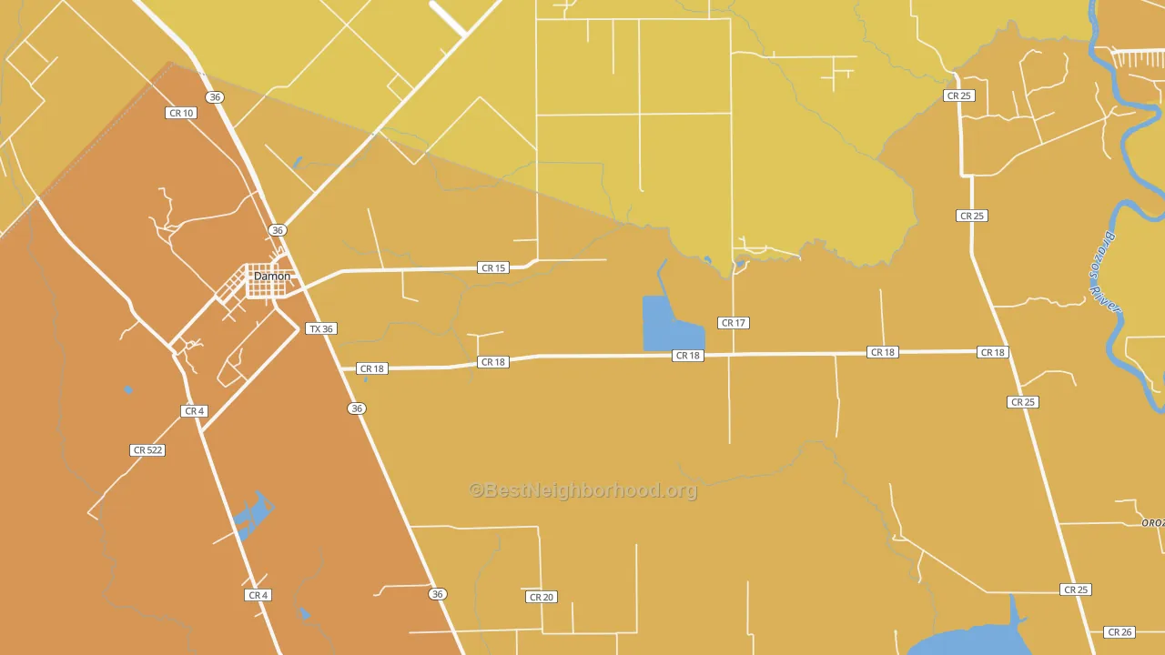 Map of the best neighborhoods in the Damon area, with better matches in green and worse matches in red
