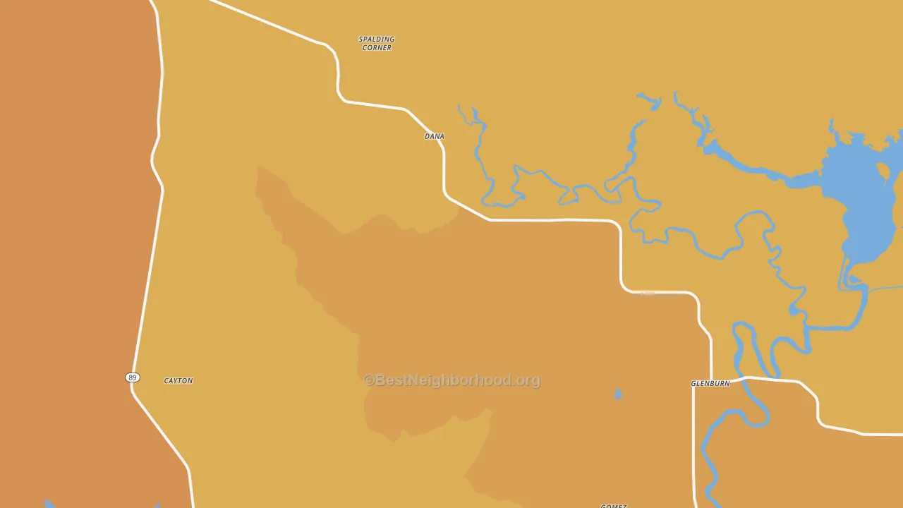 Map of the best neighborhoods in the Dana area, with better matches in green and worse matches in red