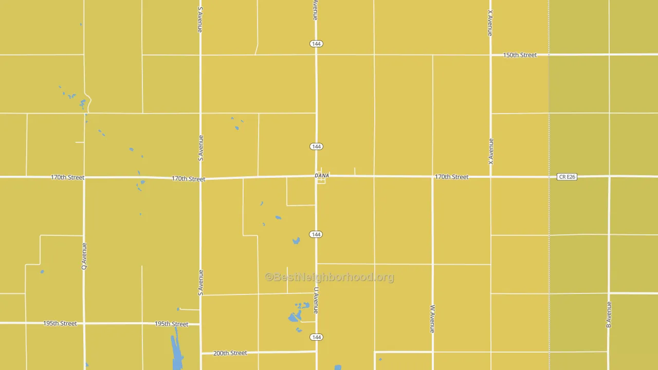 Map of the best neighborhoods in the Dana area, with better matches in green and worse matches in red