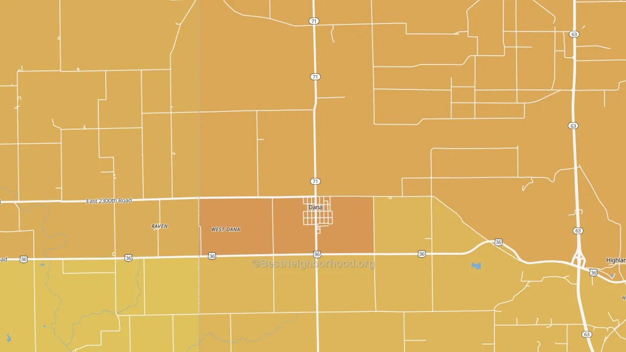 Map of the best neighborhoods in the Dana area, with better matches in green and worse matches in red