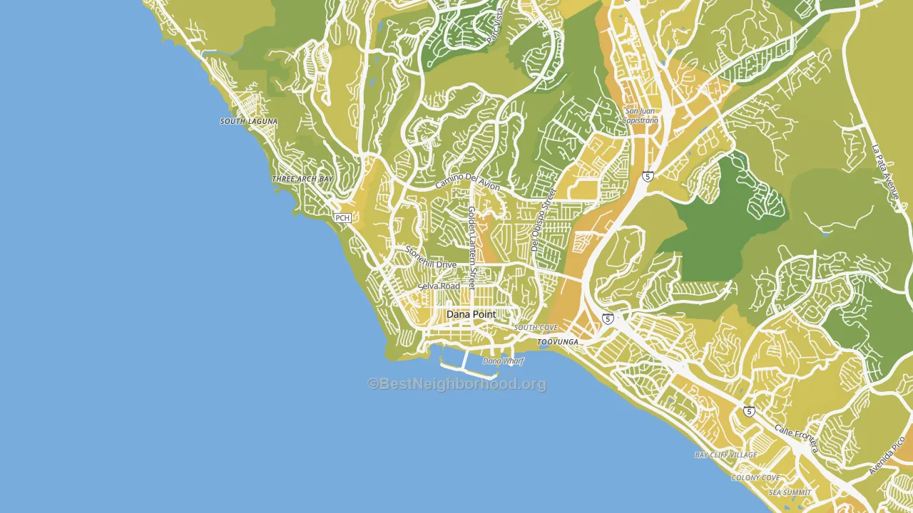 Map of the best neighborhoods in the Dana Point area, with better matches in green and worse matches in red
