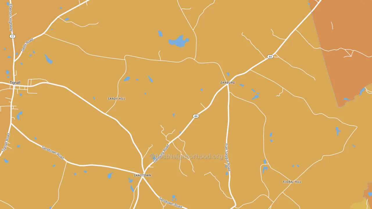 Map of the best neighborhoods in the Danburg area, with better matches in green and worse matches in red