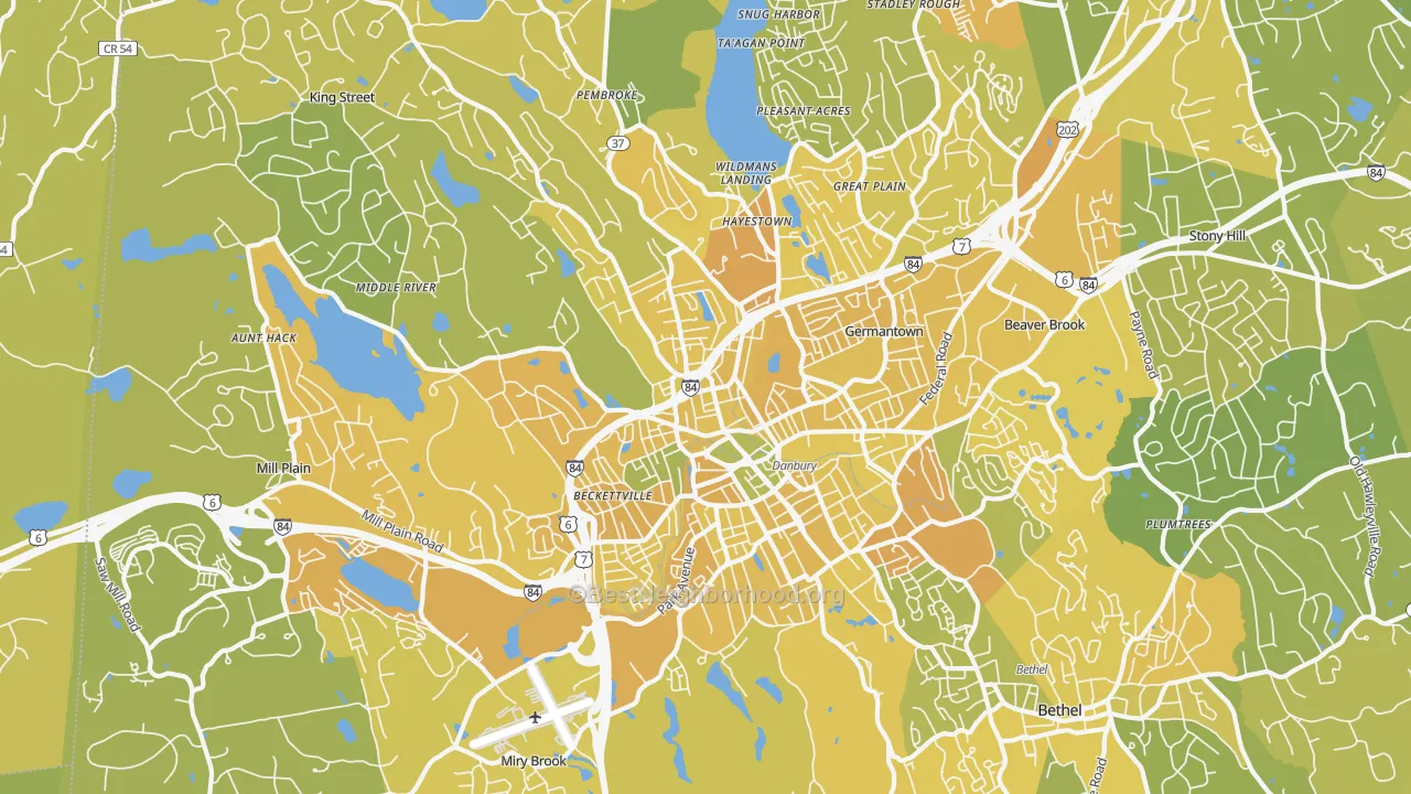 Map of the best neighborhoods in the Danbury area, with better matches in green and worse matches in red