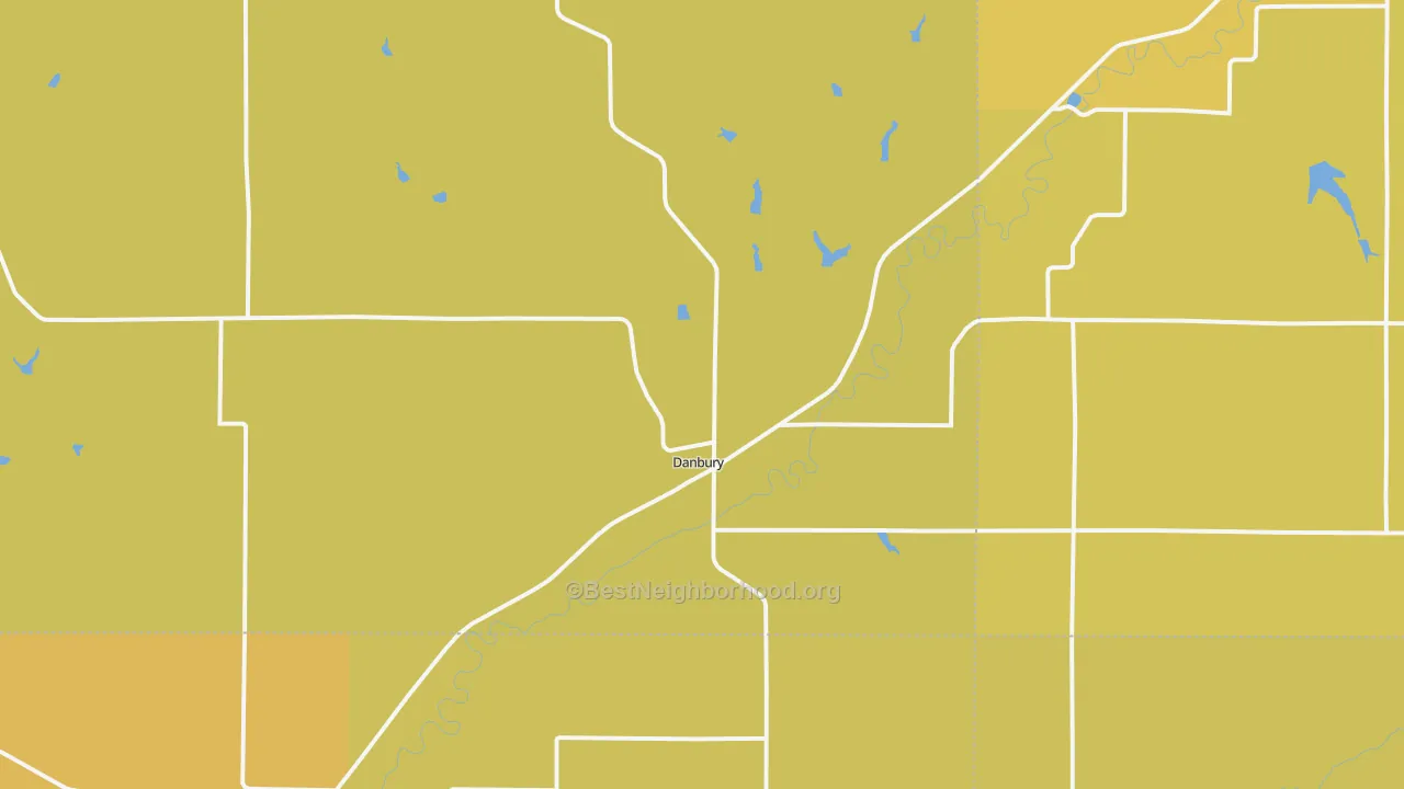 Map of the best neighborhoods in the Danbury area, with better matches in green and worse matches in red