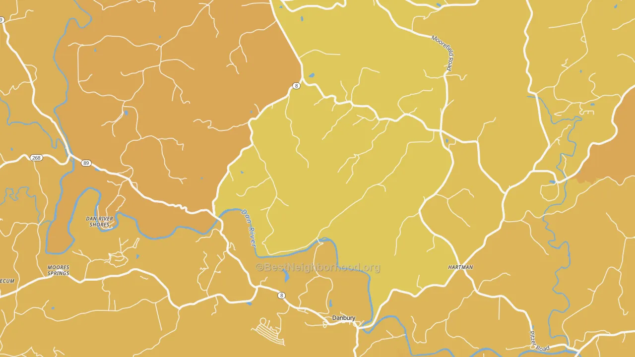 Map of the best neighborhoods in the Danbury area, with better matches in green and worse matches in red
