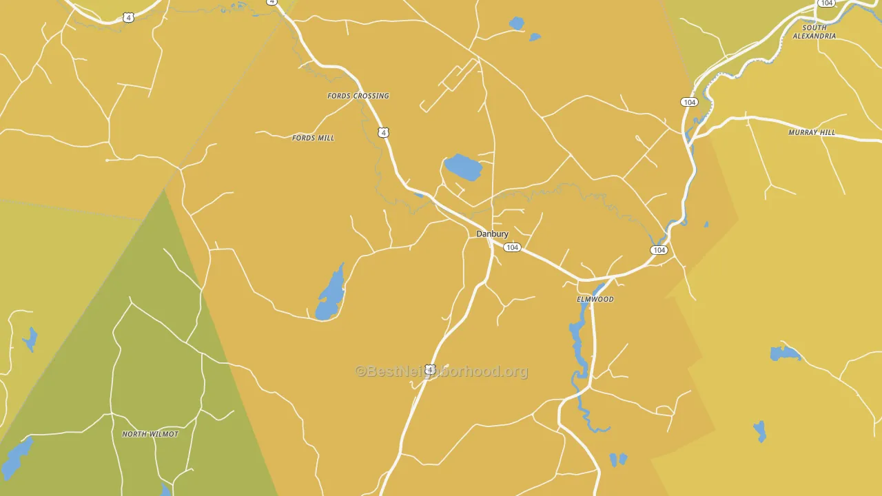 Map of the best neighborhoods in the Danbury area, with better matches in green and worse matches in red
