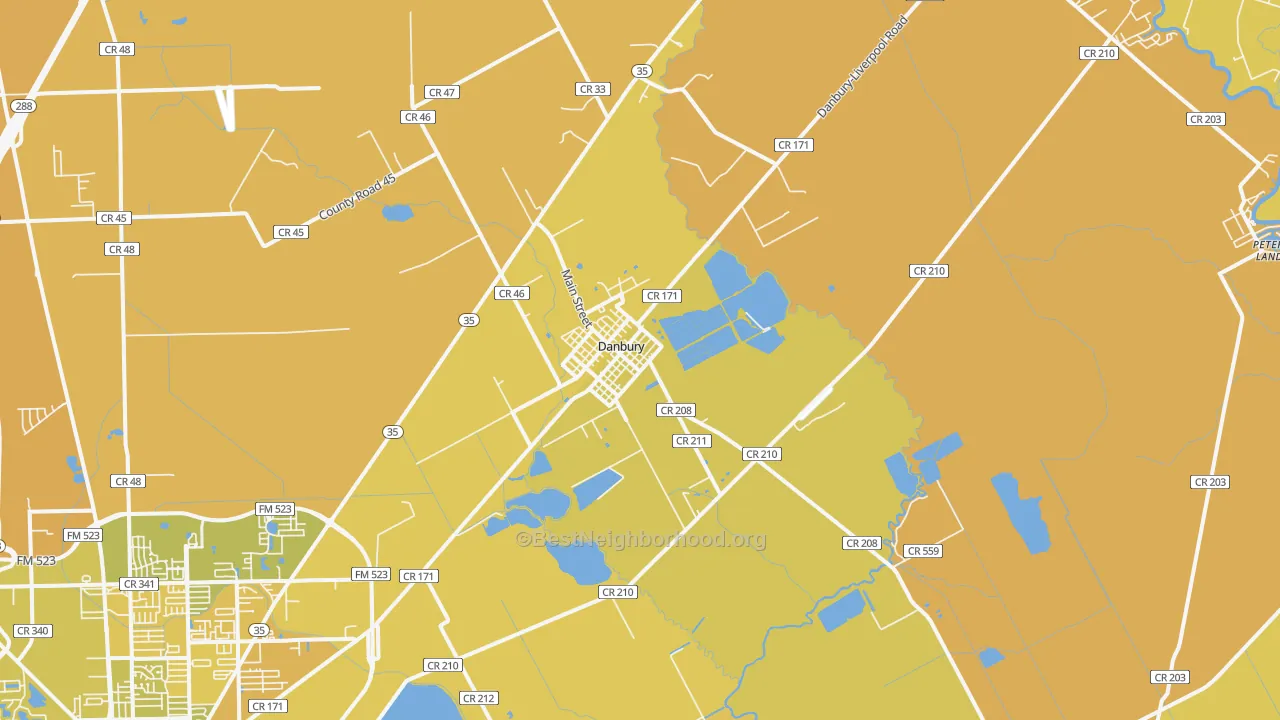 Map of the best neighborhoods in the Danbury area, with better matches in green and worse matches in red