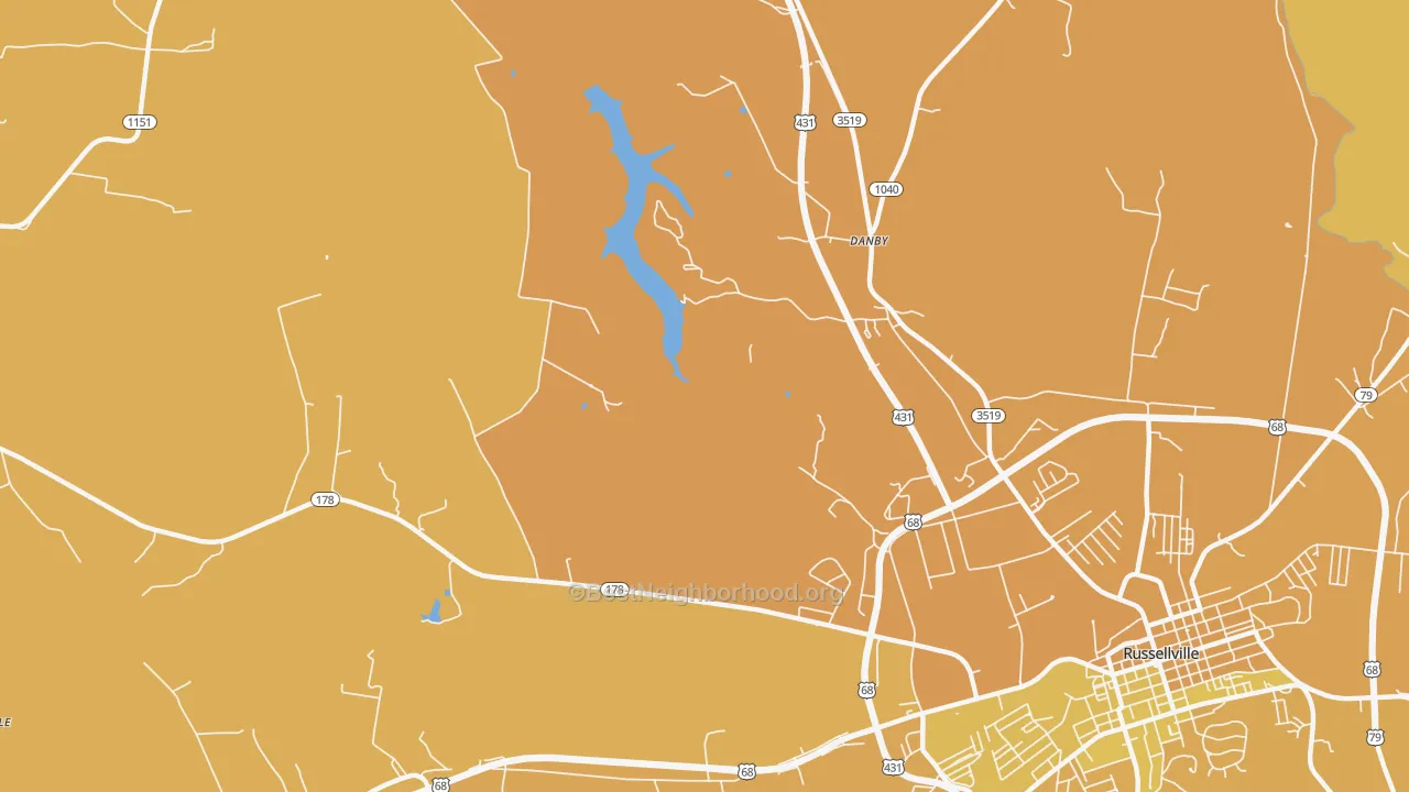 Map of the best neighborhoods in the Danby area, with better matches in green and worse matches in red