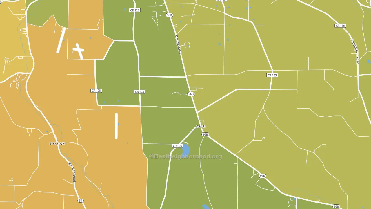 Map of the best neighborhoods in the Danby area, with better matches in green and worse matches in red