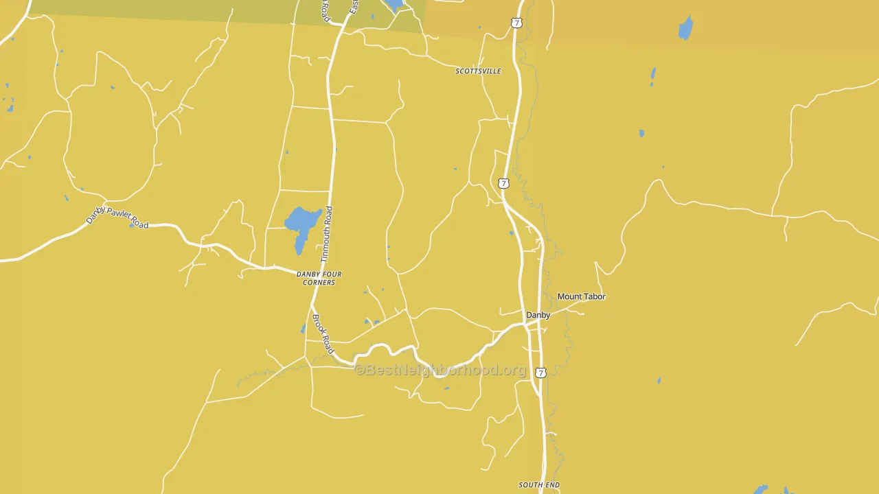 Map of the best neighborhoods in the Danby area, with better matches in green and worse matches in red