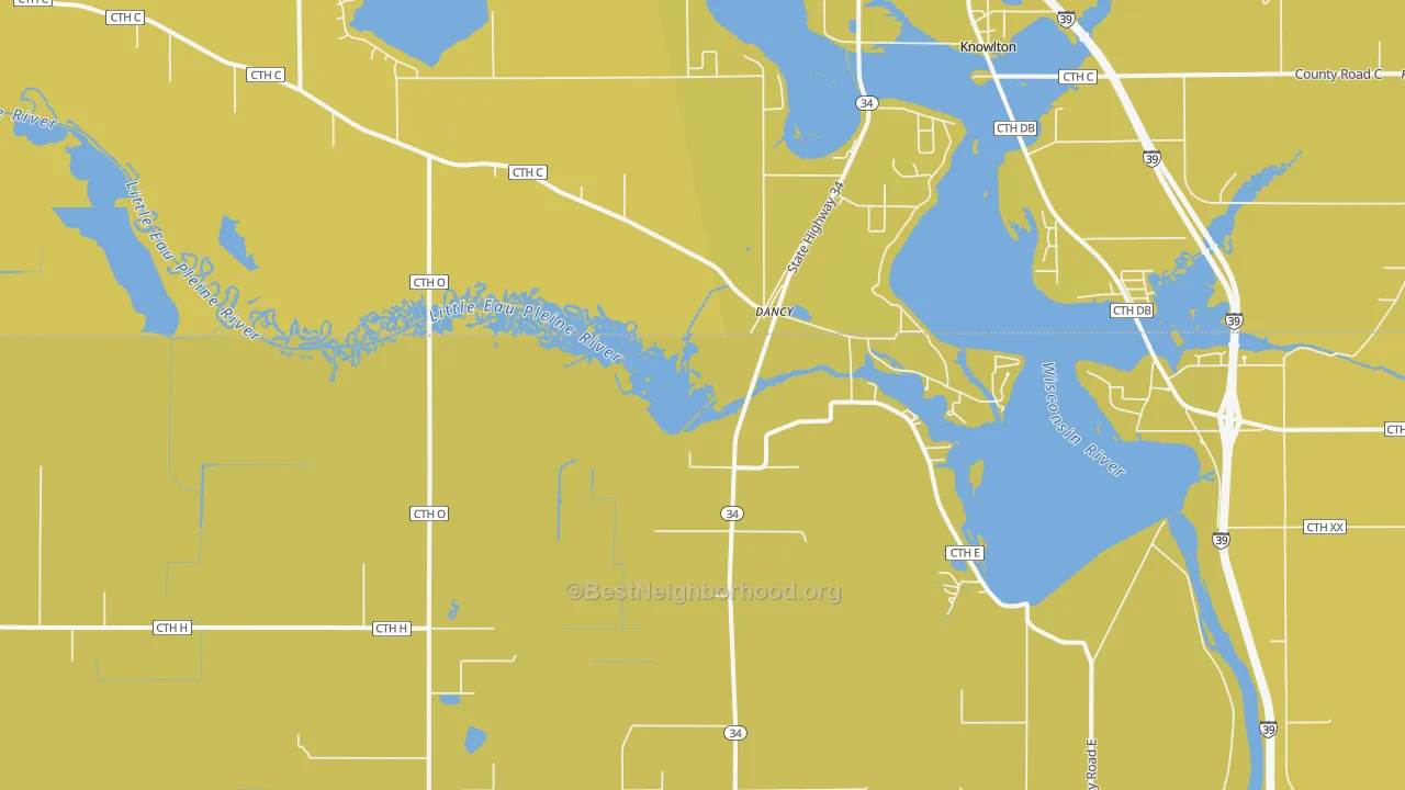 Map of the best neighborhoods in the Dancy area, with better matches in green and worse matches in red