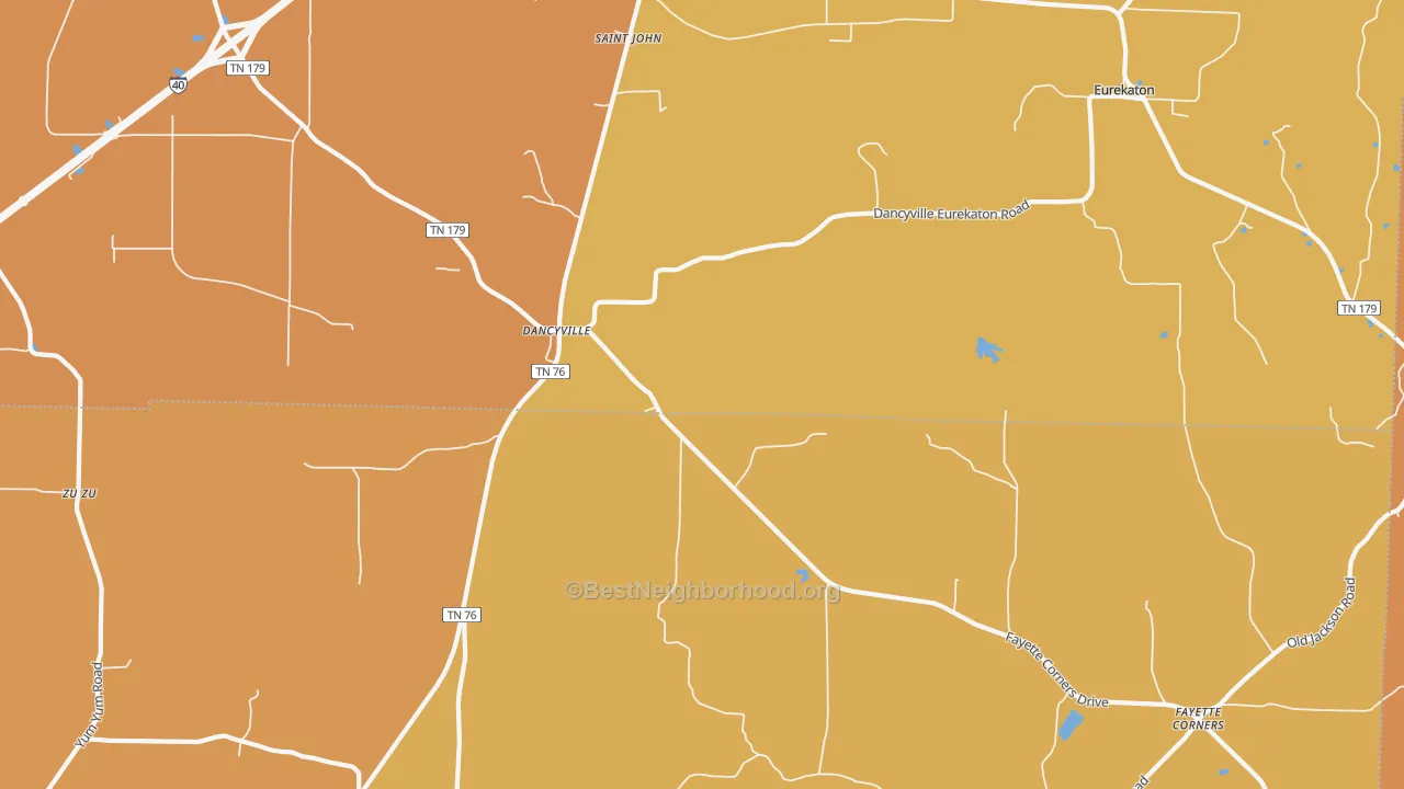 Map of the best neighborhoods in the Dancyville area, with better matches in green and worse matches in red