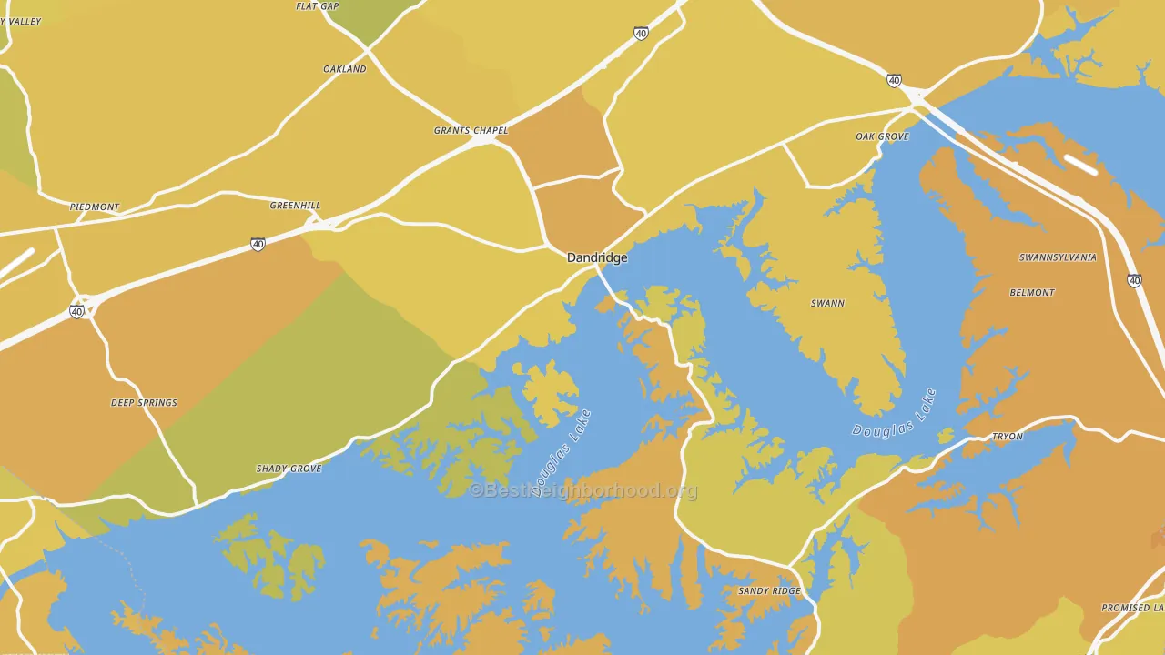 Map of the best neighborhoods in the Dandridge area, with better matches in green and worse matches in red