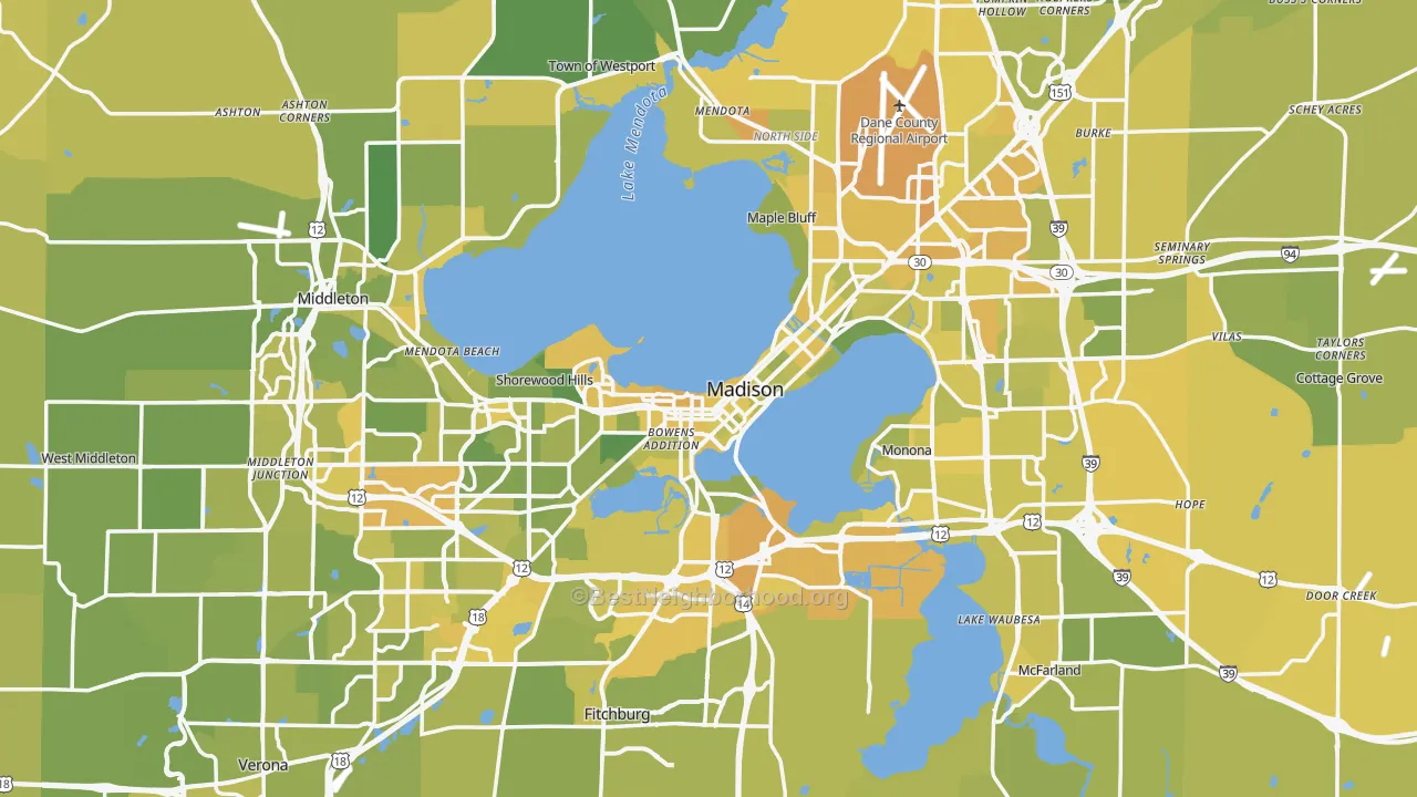 Map of the best neighborhoods in the Dane County area, with better matches in green and worse matches in red