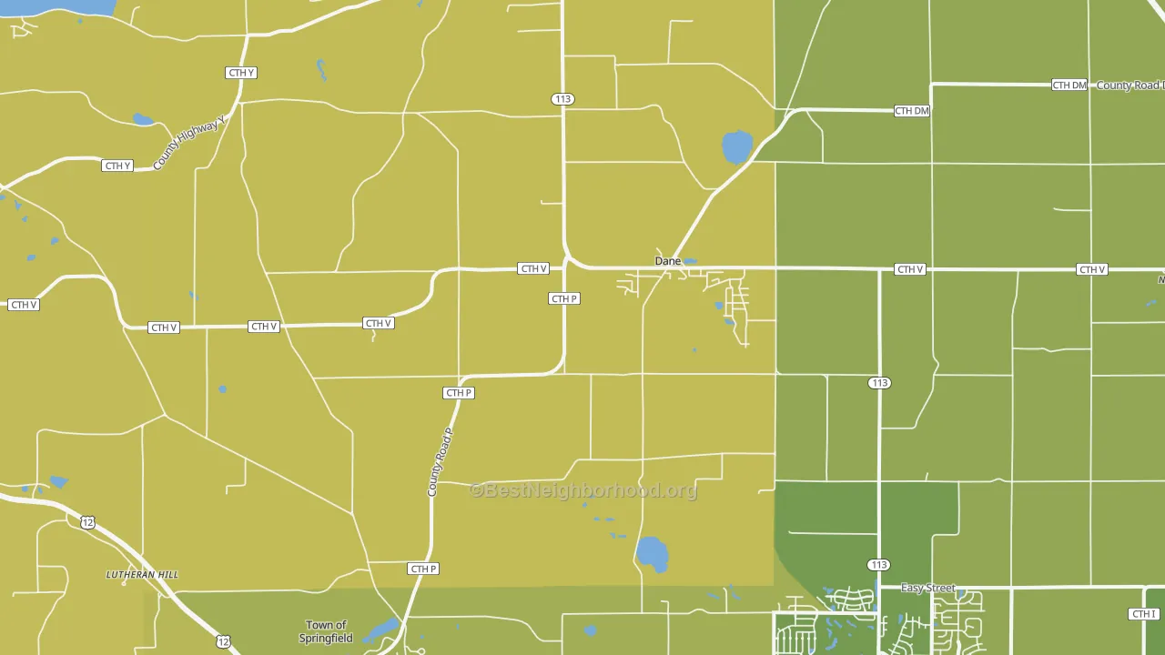Map of the best neighborhoods in the Dane area, with better matches in green and worse matches in red