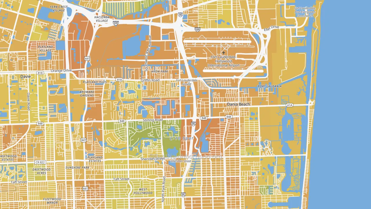 Map of the best neighborhoods in the Dania Beach area, with better matches in green and worse matches in red