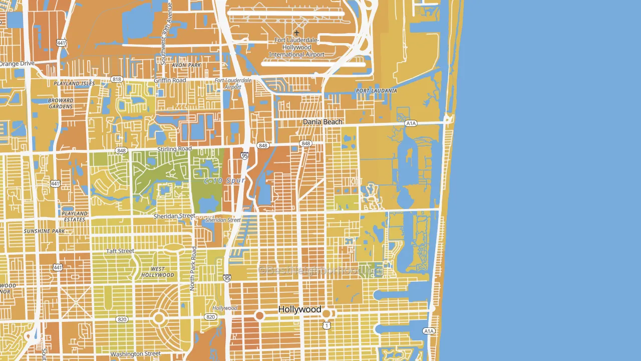 Map of the best neighborhoods in the Dania area, with better matches in green and worse matches in red