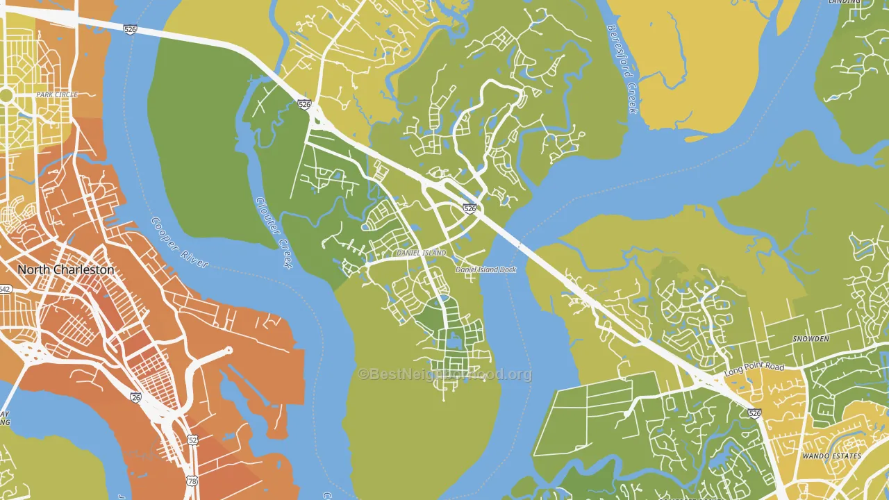 Map of the best neighborhoods in the Daniel Island, Charleston area, with better matches in green and worse matches in red