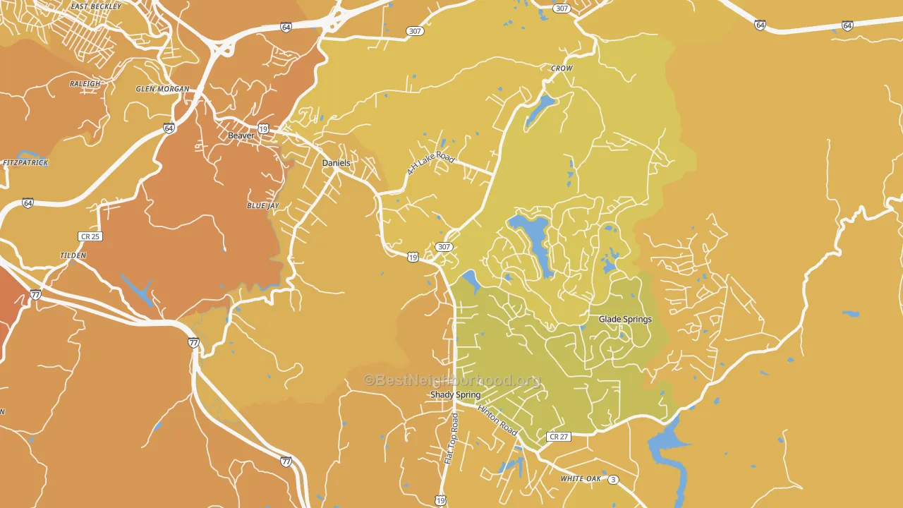 Map of the best neighborhoods in the Daniels area, with better matches in green and worse matches in red