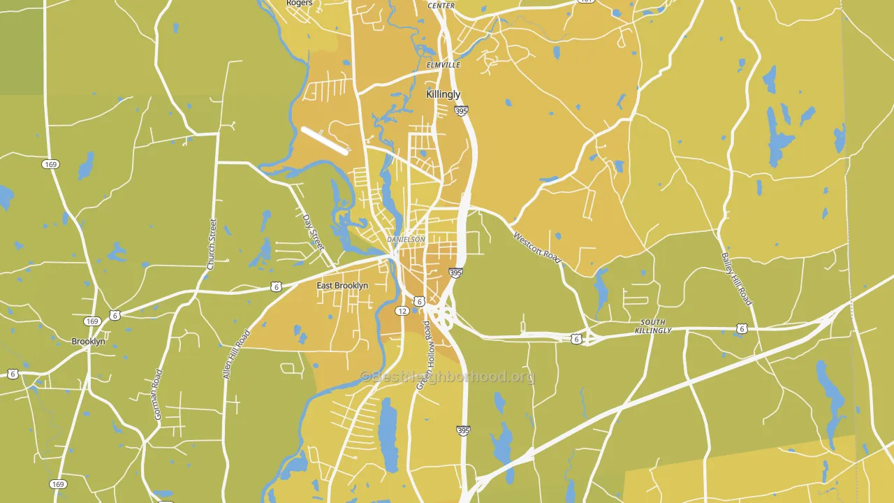 Map of the best neighborhoods in the Danielson area, with better matches in green and worse matches in red