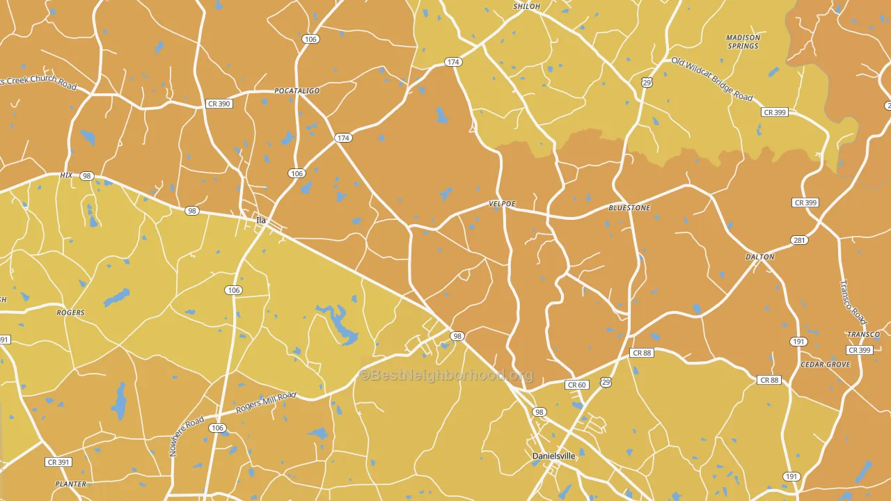 Map of the best neighborhoods in the Danielsville area, with better matches in green and worse matches in red