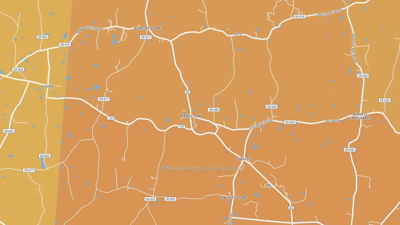 Map of the best neighborhoods in the Danieltown area, with better matches in green and worse matches in red