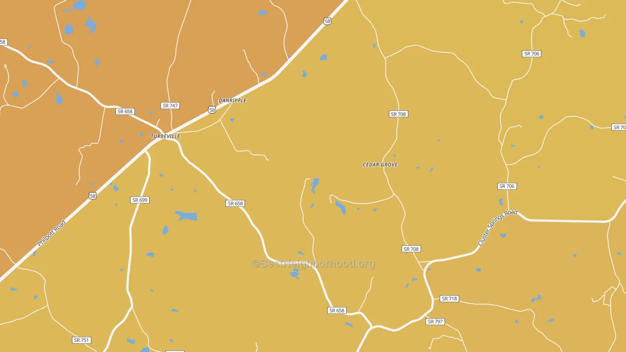 Map of the best neighborhoods in the Danripple area, with better matches in green and worse matches in red