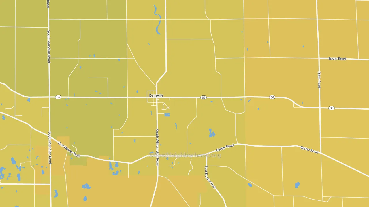 Map of the best neighborhoods in the Dansville area, with better matches in green and worse matches in red