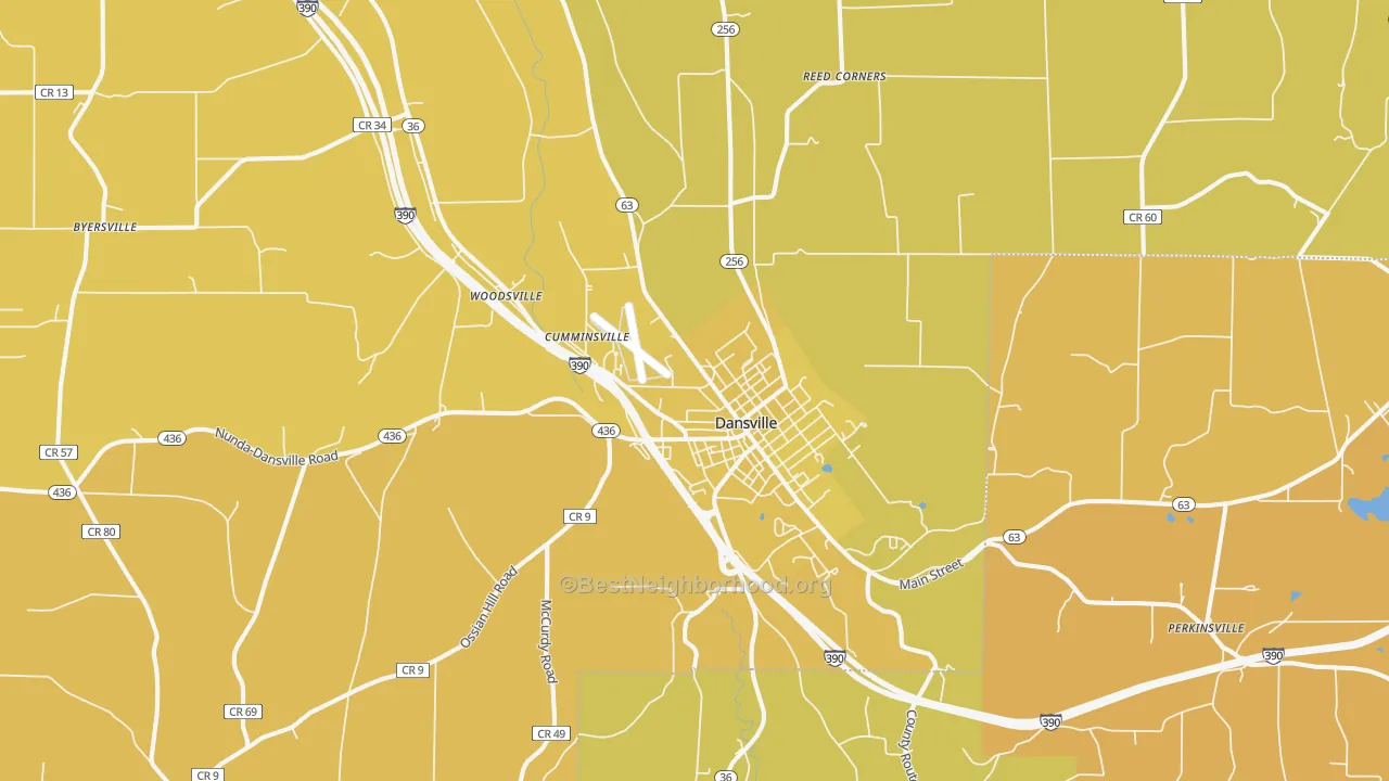 Map of the best neighborhoods in the Dansville area, with better matches in green and worse matches in red