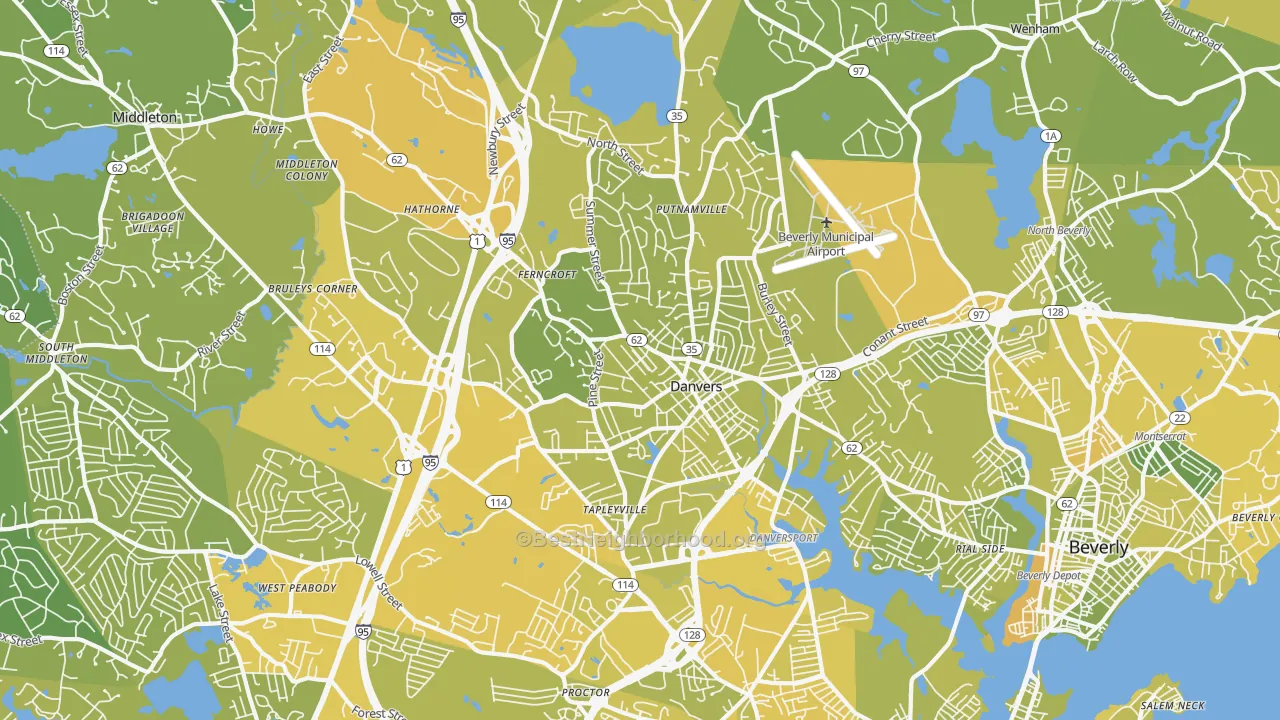 Map of the best neighborhoods in the Danvers area, with better matches in green and worse matches in red