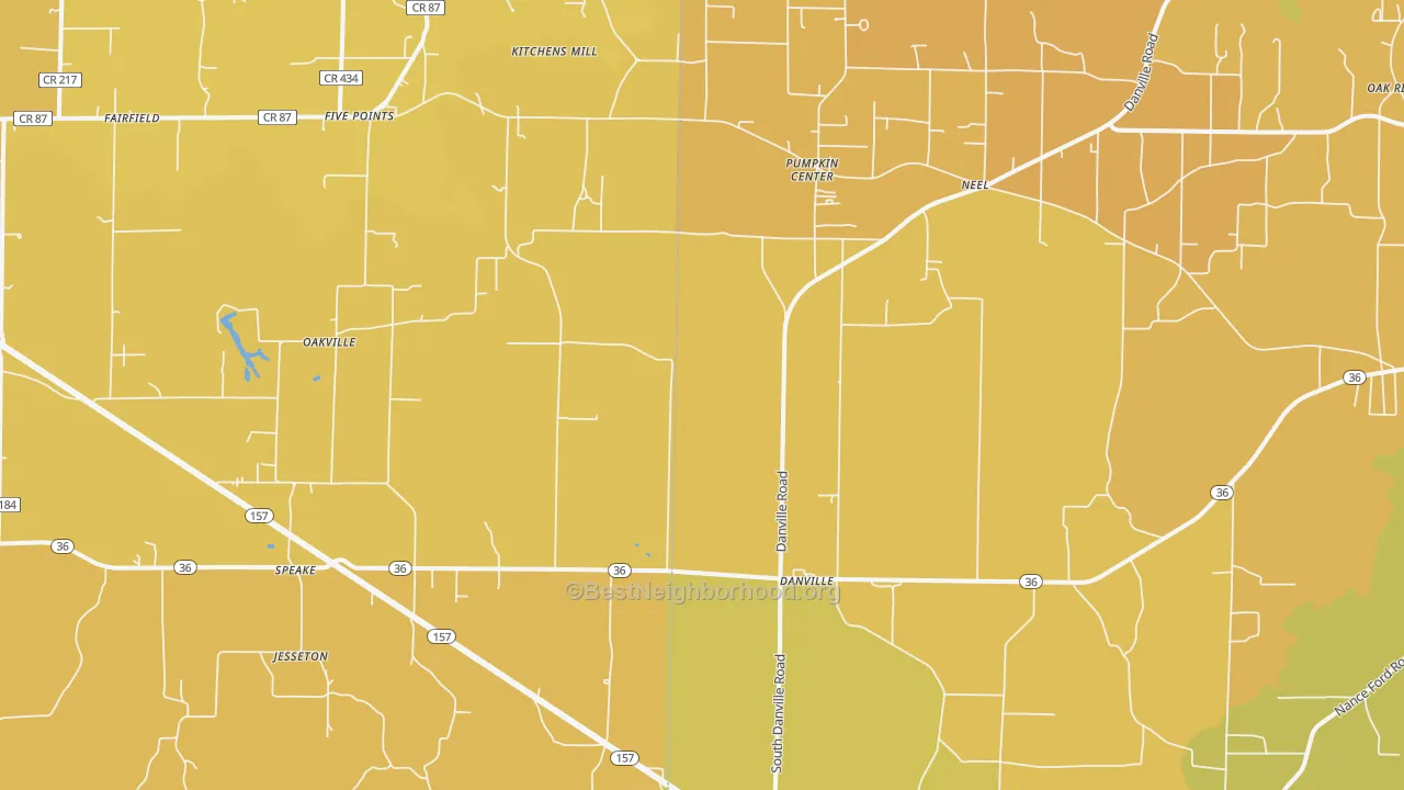 Map of the best neighborhoods in the Danville area, with better matches in green and worse matches in red