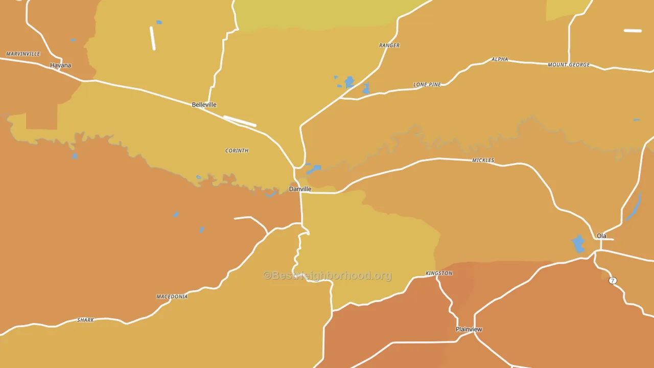 Map of the best neighborhoods in the Danville area, with better matches in green and worse matches in red