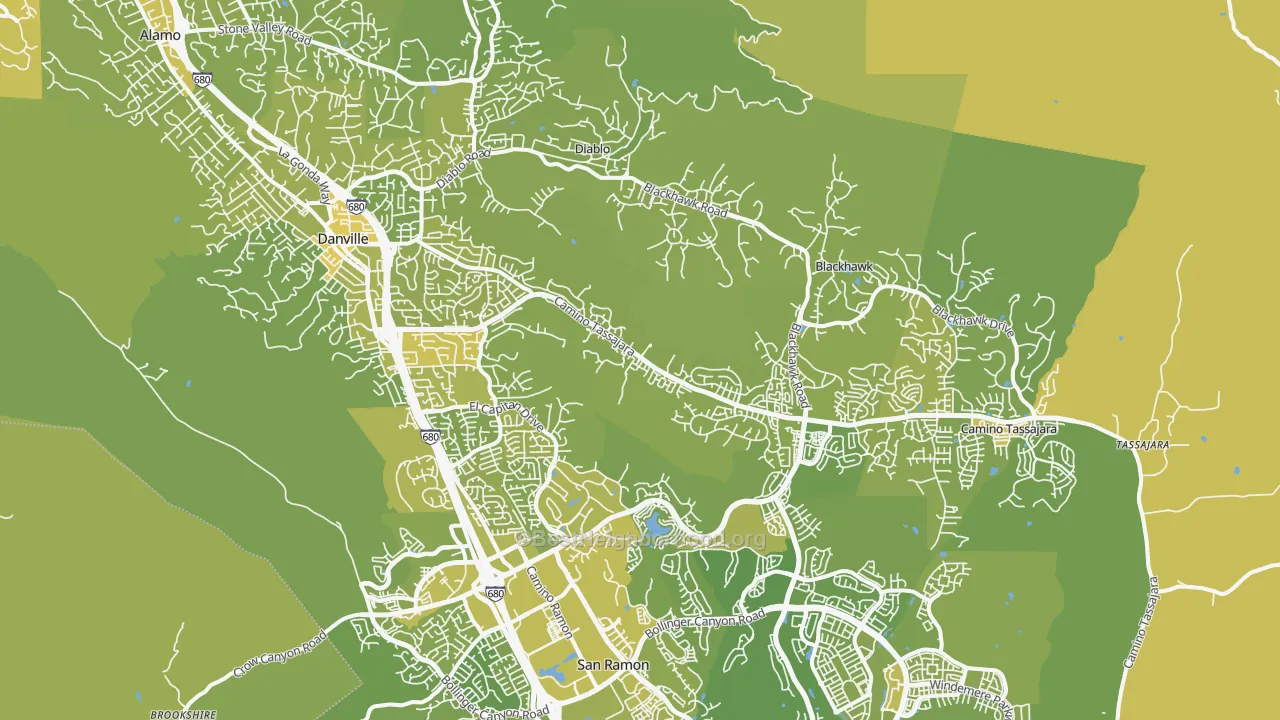 Map of the best neighborhoods in the Danville area, with better matches in green and worse matches in red