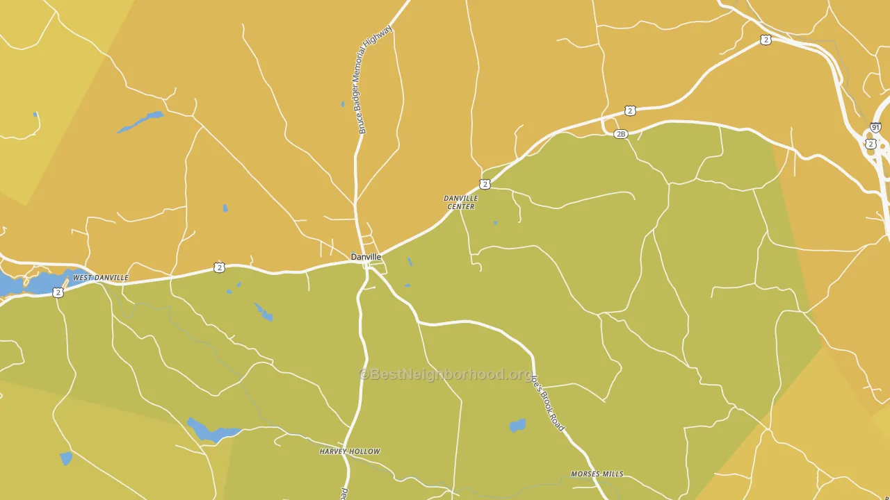 Map of the best neighborhoods in the Danville Center area, with better matches in green and worse matches in red