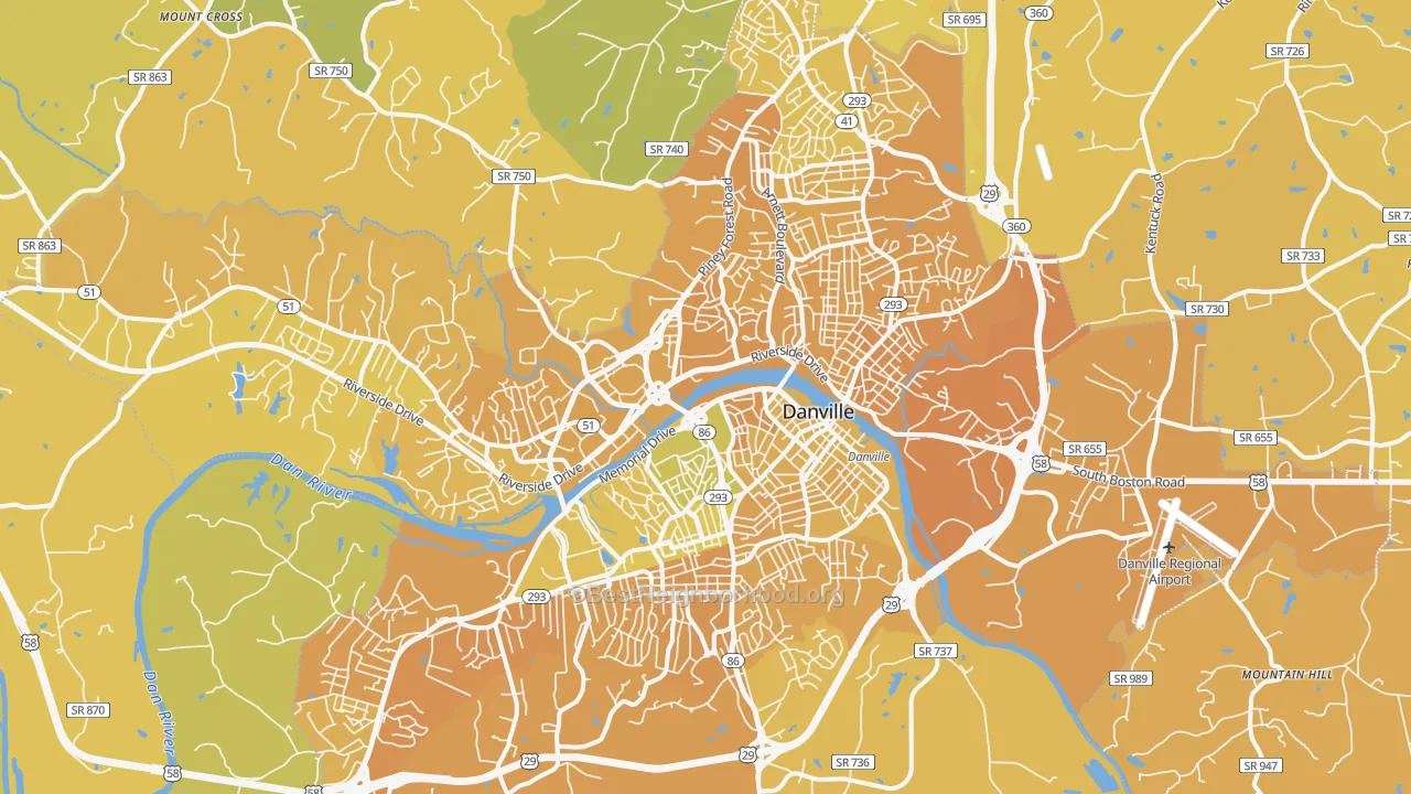 Map of the best neighborhoods in the Danville City area, with better matches in green and worse matches in red