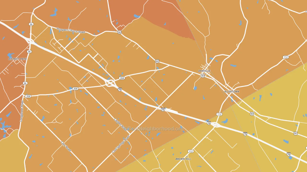 Map of the best neighborhoods in the Danville area, with better matches in green and worse matches in red